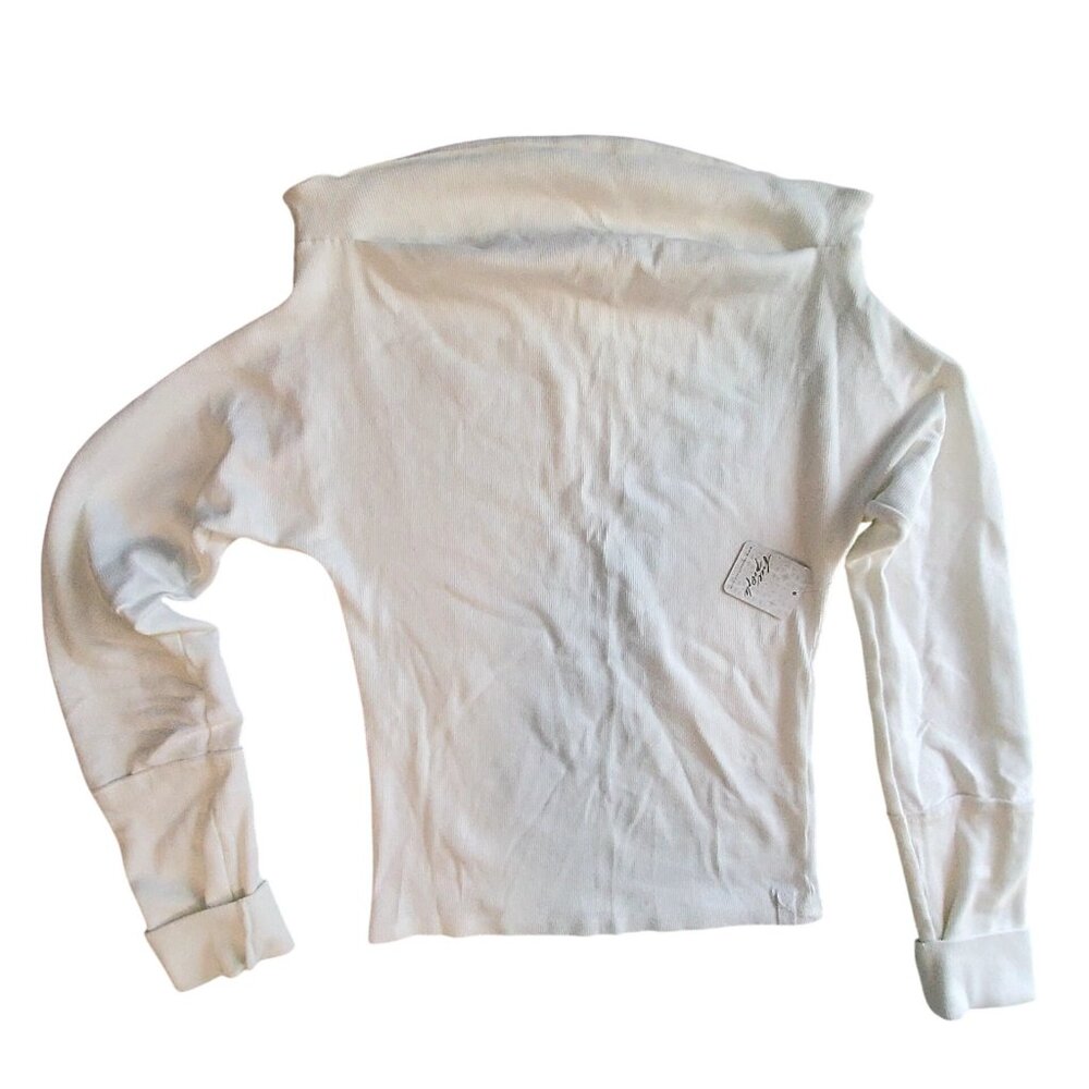 Free People Ivory Ribbed Long-Sleeve Top With Folded Cuffs & High Neckline SizeL - Picture 1 of 13